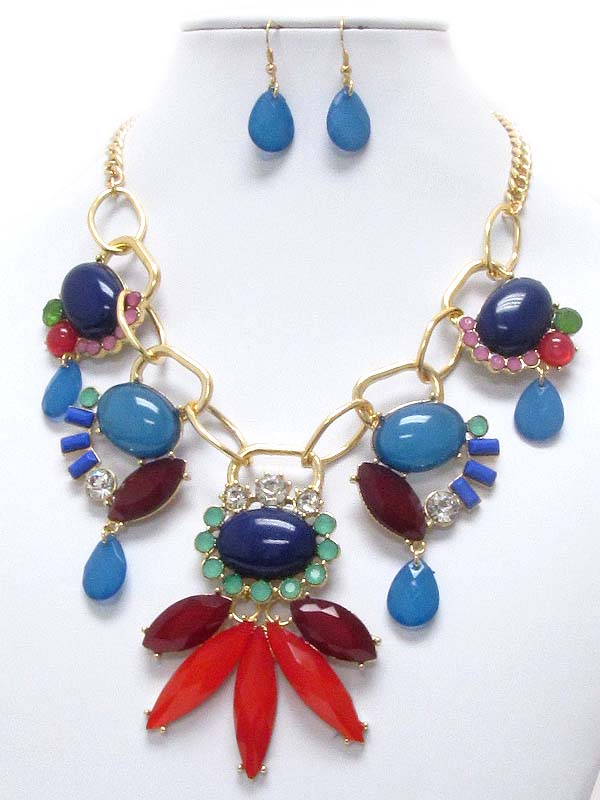 Crystal and puffy acrylic stone deco necklace earring set