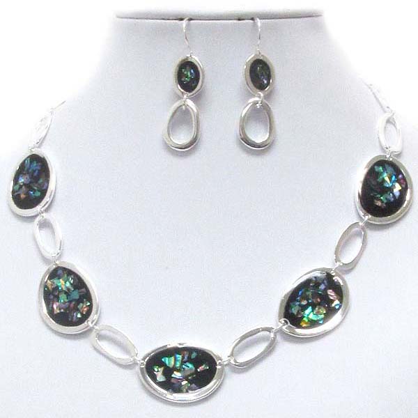 Abalone finish deco metal link necklace earring set