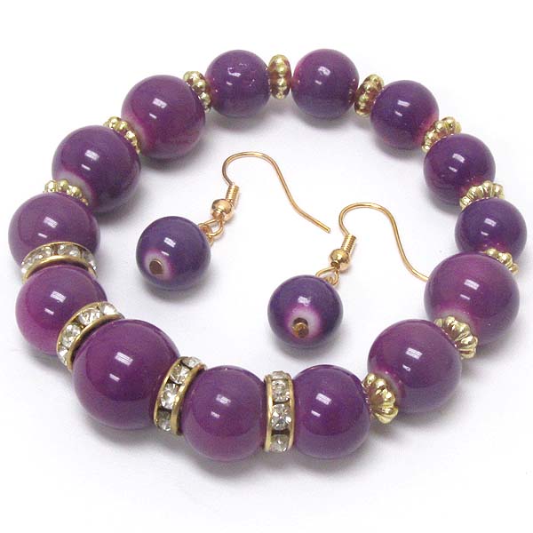 Crystal rondelle and acrylic ball stretch bracelet and earring set