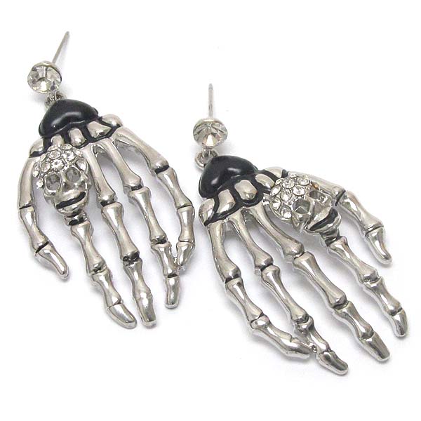 Crystal deco skull and skeleton hand earring - halloween