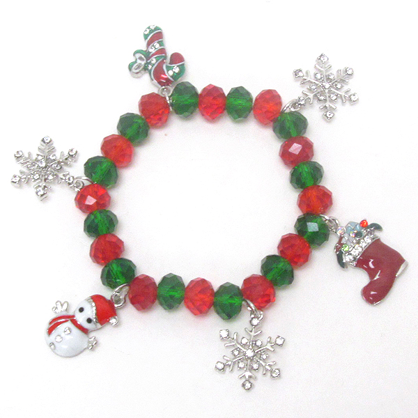 Crystal deco snowflake and christmas theme charm stretch bracelet