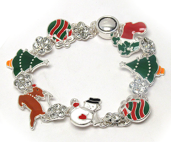 Crystal and epoxy christmas theme link magnetic clasp bracelet