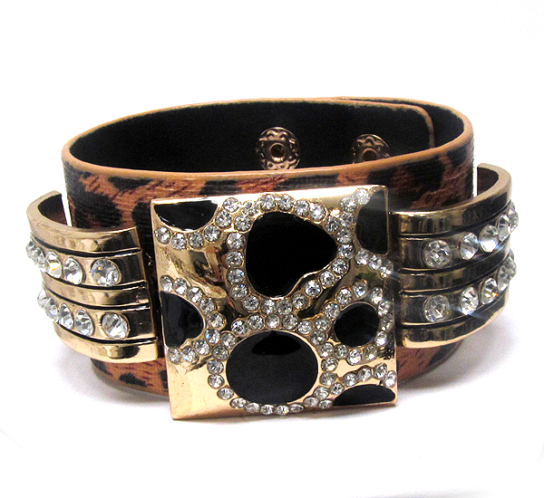 Leatherette animal print and crystal metal plate button bracelet