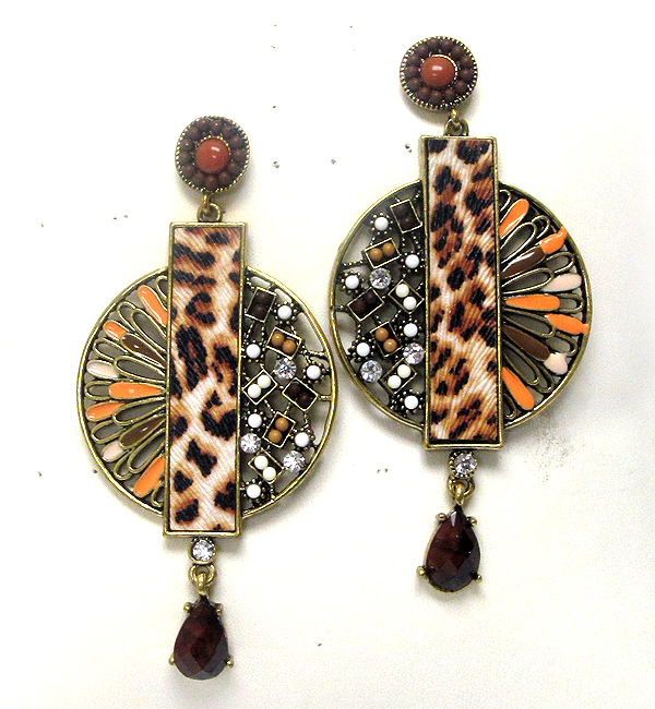 Leatherette animal print and crystal metal round drop earring