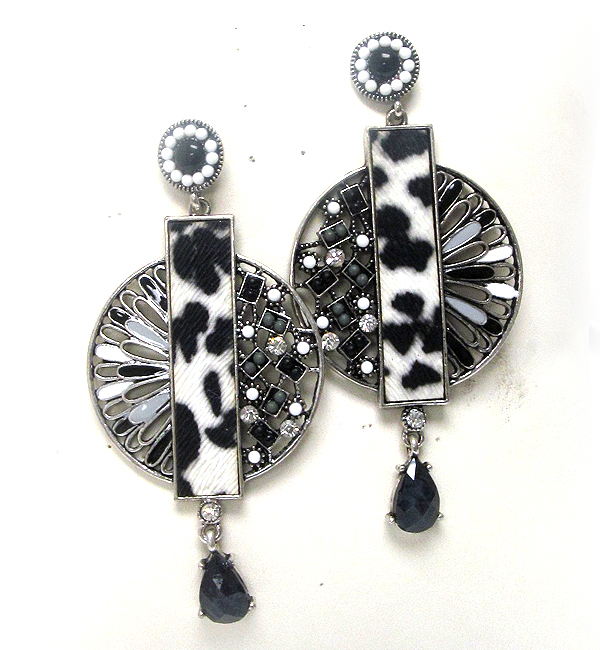 Leatherette animal print and crystal metal round drop earring