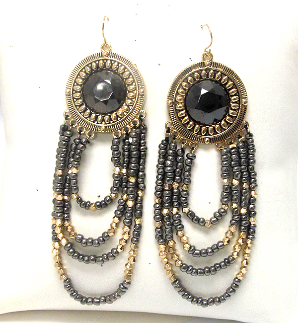 Metal round acryl stone and ethnic oval layerd drop earring