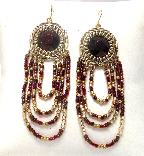 Metal round acryl stone and ethnic oval layerd drop earring