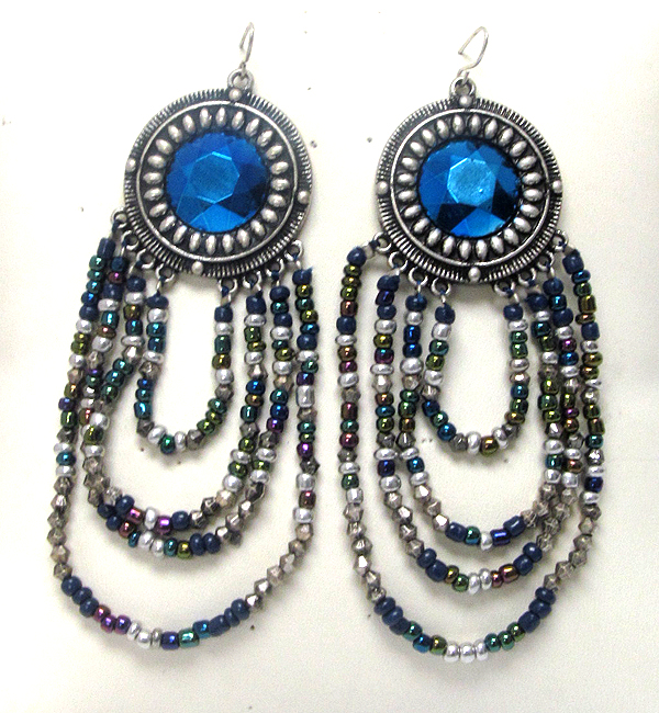 Metal round acryl stone and ethnic oval layerd drop earring