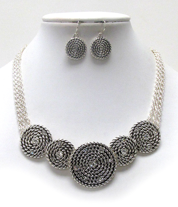 Crystal deco multi textured disk link necklace earring set