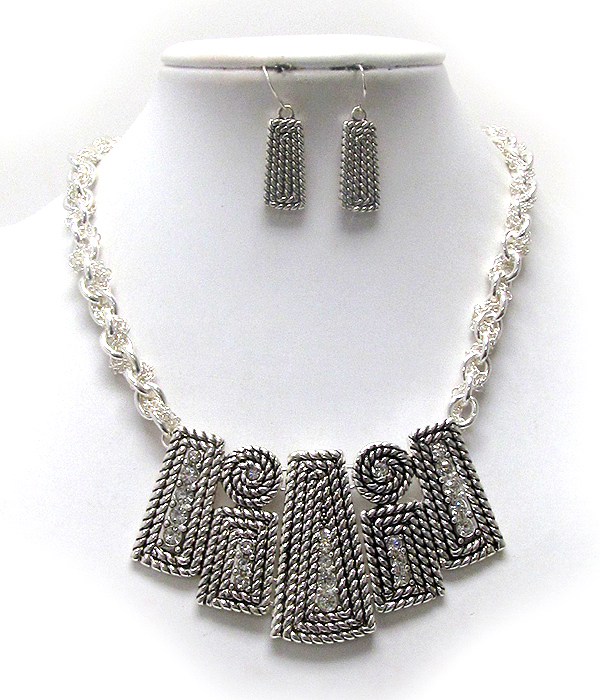 Crystal deco textured disk and bar link necklace earring set