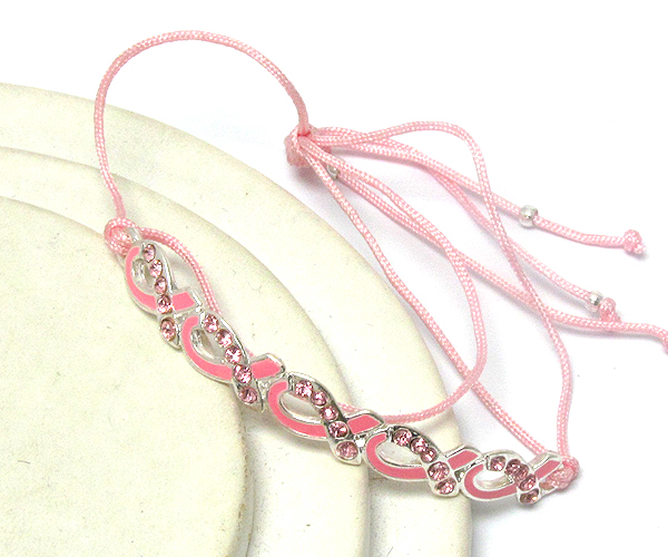 Multi crystal pink ribbon braided yarn friendship bracelet - breast cancer awareness