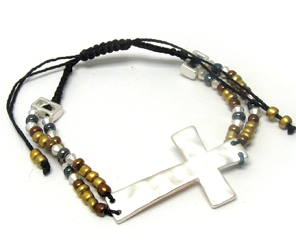 Hammered metal cross with seed beads braided yarn friendship bracelet