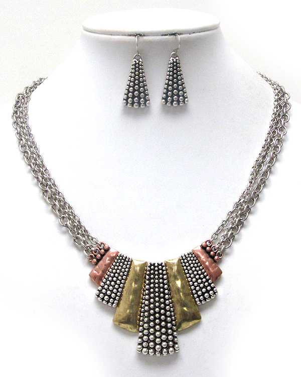 Hammered and textured metal bar link necklace earring set