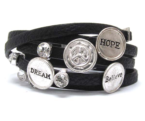 Crystal deco hope ,believe,peace theme leatherette wrap bracelet