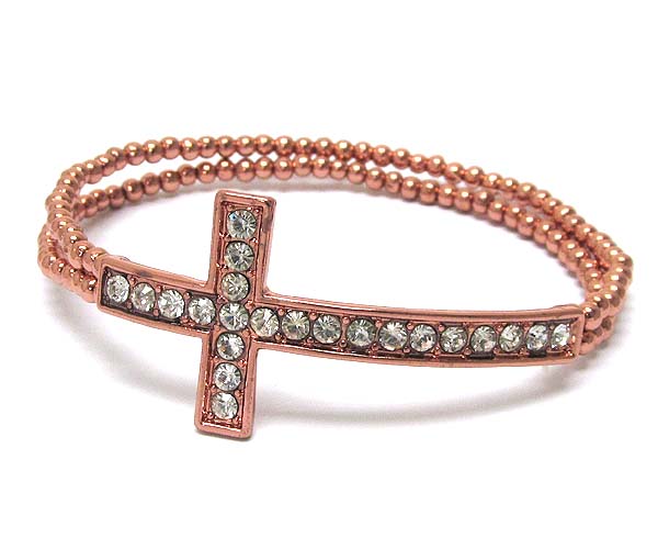 Crystal metal cross with two line metal seed beads stretch barcelet