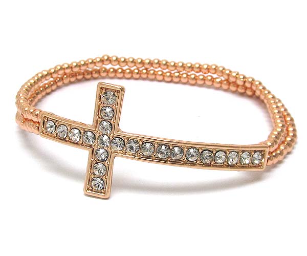 Crystal metal cross with two line metal seed beads stretch barcelet