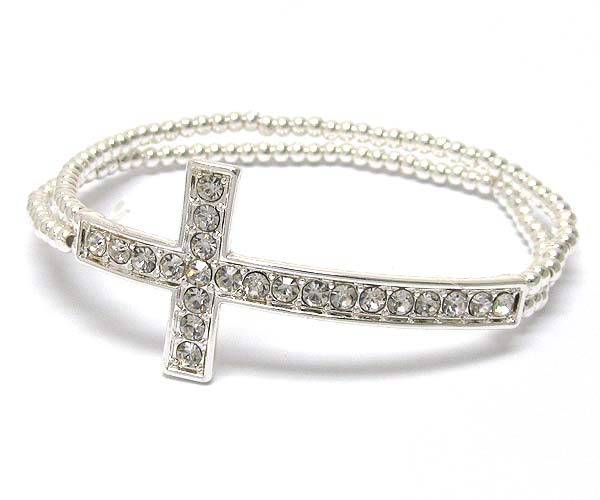 Crystal metal cross with two line metal seed beads stretch barcelet