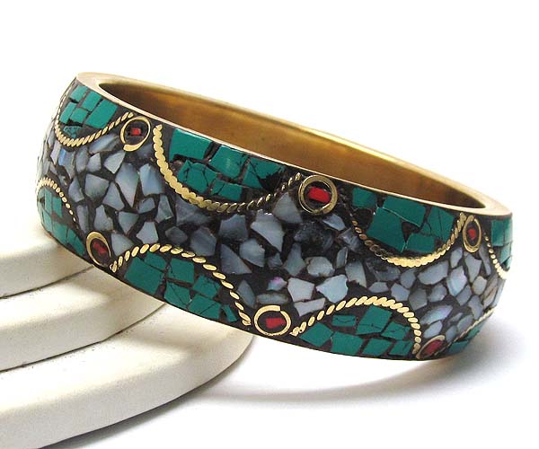 Multi turquoise and shell tile metal bangle