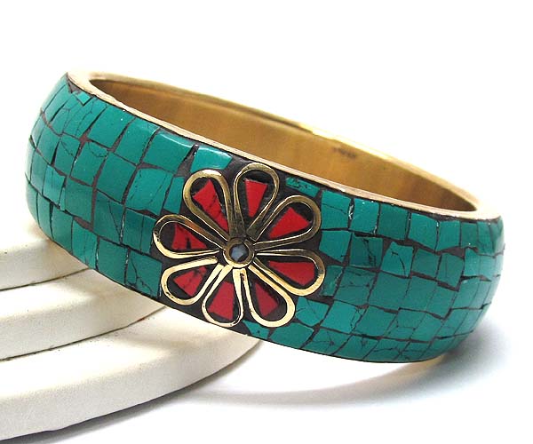 Multi turquoise tile and flower accent metal bangle