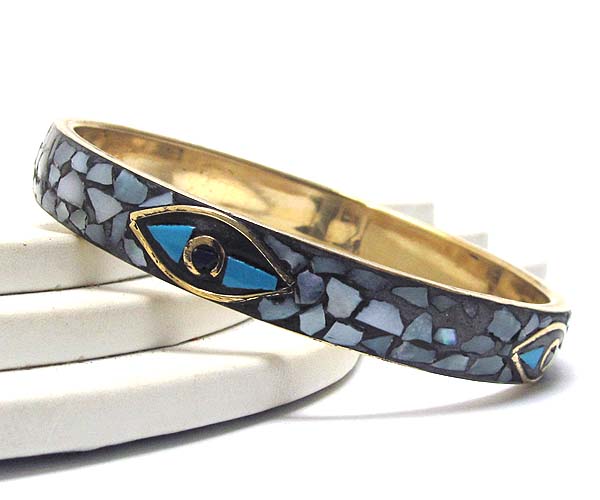 Multi shell tile and torquoise evil eye accent metal bangle