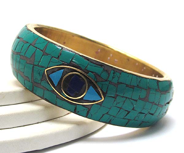 Multi turquoise tile and evil eye accent metal bangle