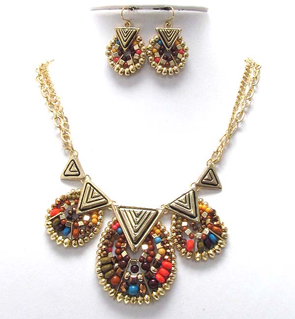 Multi metal triangle and three round mix seed beads drop chain necklace earring set