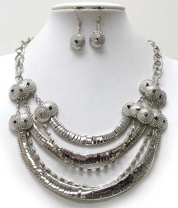 Crystal with three metal wire wrapped metal and round textured metal deco bib style necklace earring set