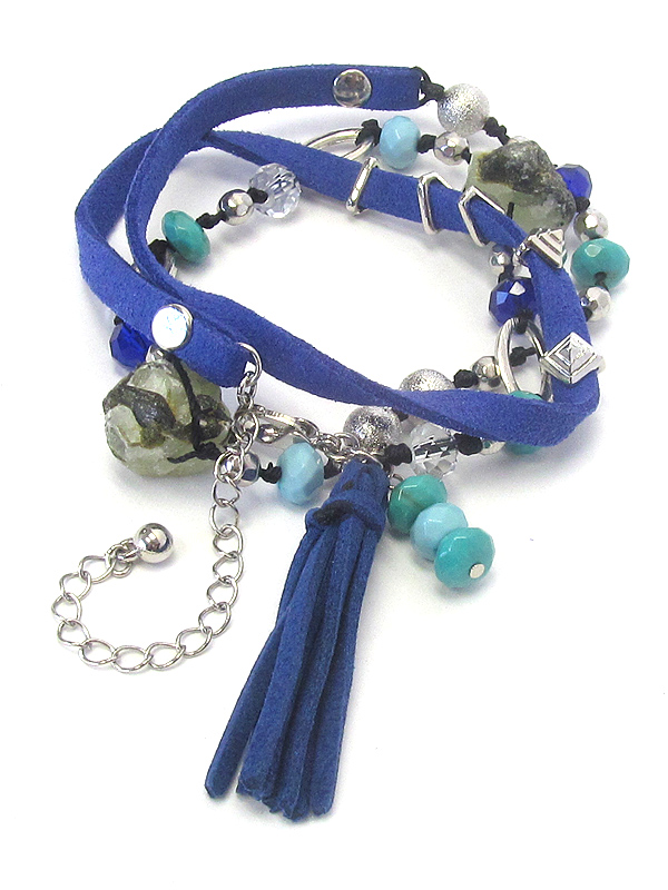 Genuine stone and leatherette tassel wrap bracelet