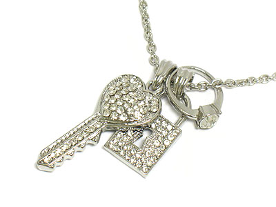 Crystal kdy lock and ring charm necklace