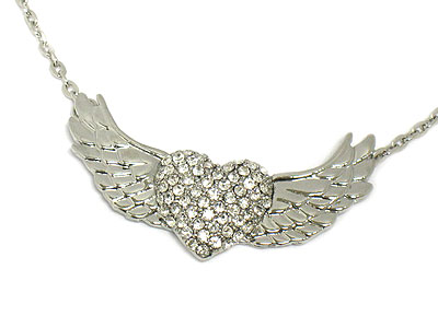 Designer style heart and crystal wing necklace