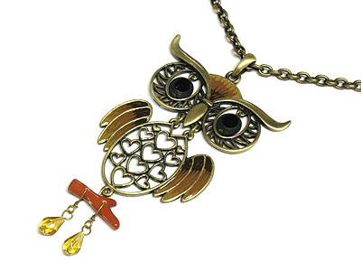 Big size metal owl long chain necklace