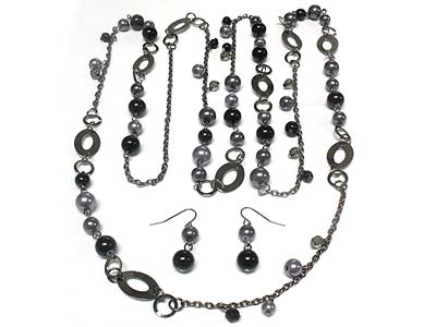 Multi gradation pearl beads long necklace and earring set 