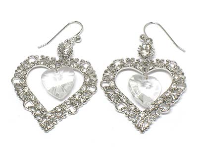 Crystal  heart dangle and metal filigree earring 