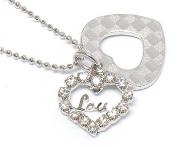 Made in korea whitegold plating small crystal and love message casting dual heart necklace