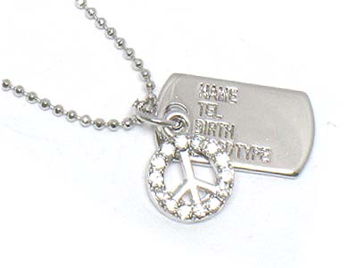 Made in korea whitegold plating small crystal peace symbol and dog tag necklace