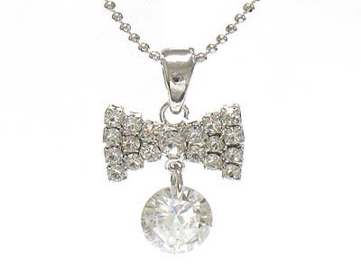 Made in korea whitegold plating small crystal ribbon and cz ball drop necklace