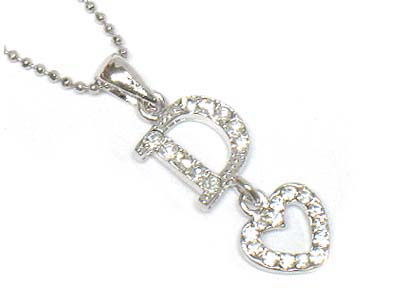 Made in korea whitegold plating small crystal letter d and heart drop necklace