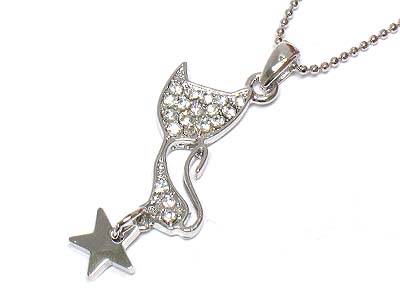 Made in korea whitegold plating crystal cat and star dangle necklace