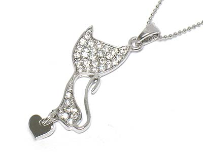 Made in korea whitegold plating crystal cat and heart dangle necklace