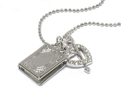 Made in korea whitegold plating small crystal cupid heart and book locket necklace