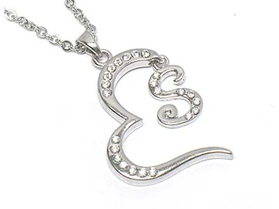 Made in korea whitegold plating crystal heart and letter s dangle necklace