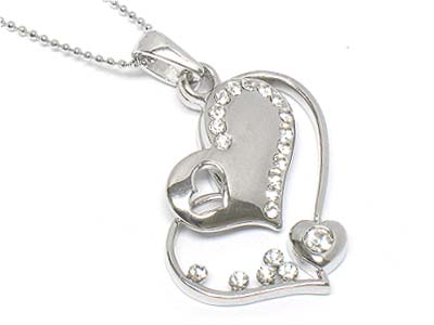 Made in korea whitegold plating crystal bubbled dual heart necklace