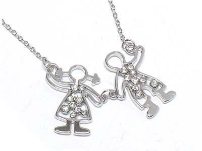 Made in korea whitegold plating crystal hand in hand boy and girl necklace