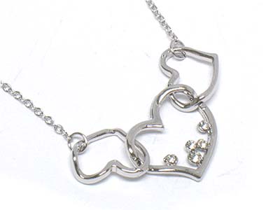 Made in korea whitegold plating crystal bubbled linked three hearts necklace