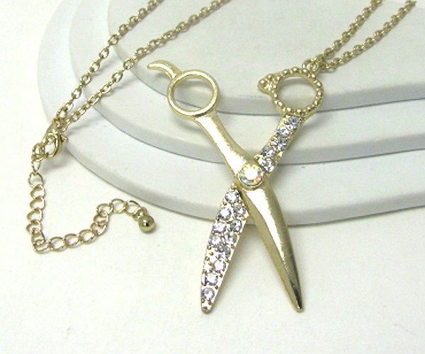 Crystal deco large scissor pendant long necklace