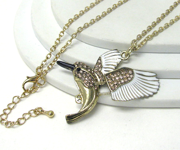 Crystal and epoxy hummingbird long necklace