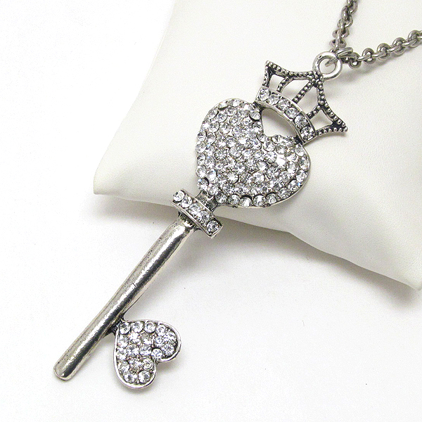 Crystal stud heart key and crown pendant necklace