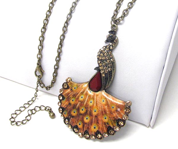 Crystal and epoxy deco peacock pendant long necklace