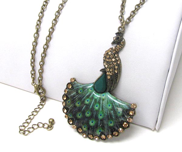 Crystal and epoxy deco peacock pendant long necklace