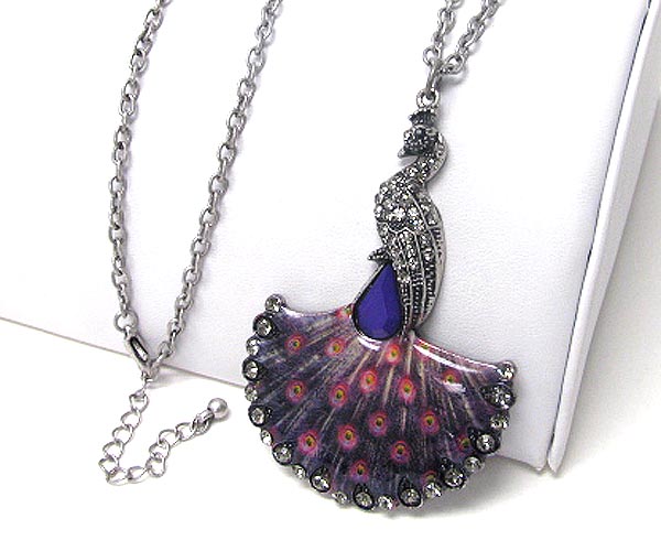 Crystal and epoxy deco peacock pendant long necklace